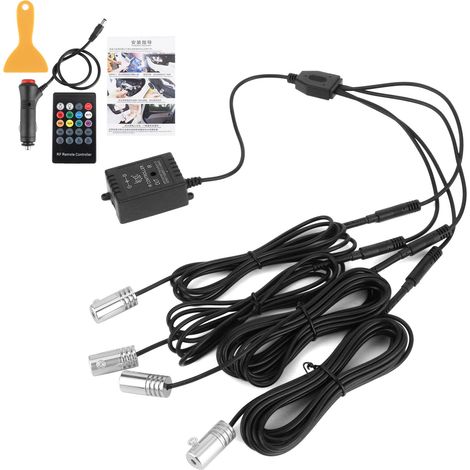 Lampe LED décorative RGB pour intérieur de voiture, projecteur d'ambiance avec télécommande et contrôle musical, 4 lumières pour porte et tableau de bord, prise allume-cigare (1/5)