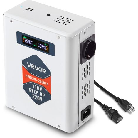 VEVOR Convertidor Elevador de Voltaje 2000 VA, de 110 V a 220 V, con 2 Tomas de Corriente de la UE, Salida USB, Pantalla LCD, Protección de Temperatura, para Electrodomesticos de 220 V, Blanco