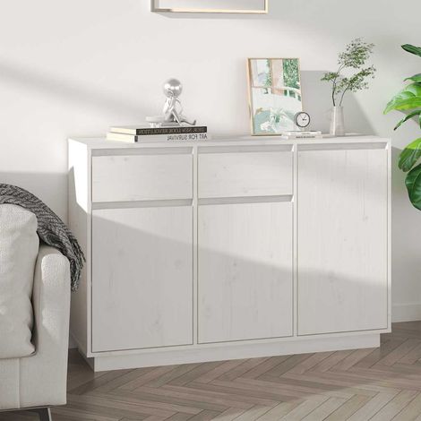 Buffet blanc 2 tiroirs 3 portes en pin massif 110 x 34 x 75 cm - PANGIVO (1/5)