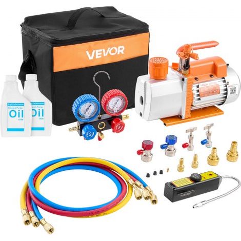 Kit de Bomba de Vacío y Manómetro 7 CFM 198 L/min, Bomba de Vacío de Paletas Rotativas de 2 Etapas, Compatible con R134a, R22 y R410a para Aires Acondicionados de Automóviles y Hogares (1/5)