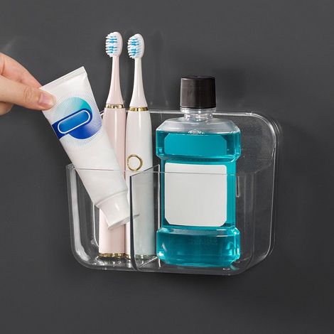Porte-brosses à dents à 2 compartiments, panier de douche, rangement pour salle de bain, fixation murale adhésive pour salle de bain et cuisine (sans perçage)jarx (1/5)
