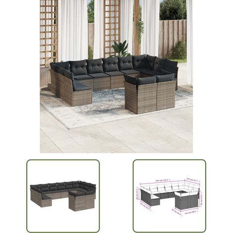 The Living Store 12-tlg. Garten-Sofagarnitur mit Kissen Grau Poly Rattan - Gartenmöbel - Outdoor Möbel - Rattan Sofa - Lounge Set - Gartenlounge (1/3)