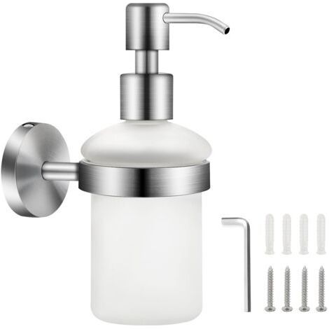Dispensador de jabón mural de cristal esmerilado, 200 ml – Acero inoxidable – Montaje mural para gel de ducha y jabón líquido – Botella transparente (1/5)