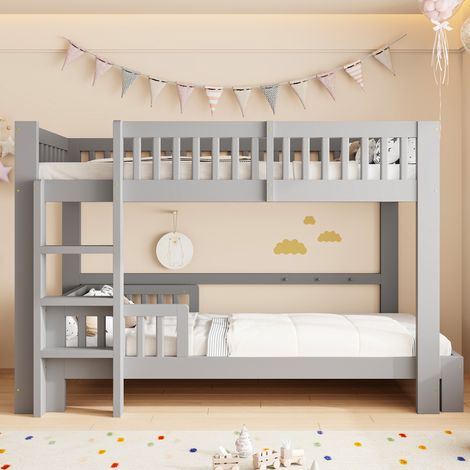 Cama infantil modular 90x200 cm - Litera convertible en dos camas individuales con somier de láminas barrera de seguridad madera maciza habitación compartida - Gris (1/5)