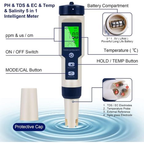 Misuratore di pH elettronico 5 in 1, con schermo LCD retroilluminato, strumento per la misurazione della qualità dell'acqua (pH/TDS/EC/temperatura/salinità), ideale per acqua potabile, acquari e pisci (1/4)