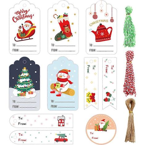 150 Stück Weihnachtspapieranhänger zum Selbermachen, bemalte Cartoon-Motive, handgefertigte Weihnachtsbaum-Dekorationskarten mit Kordeletiketten, Geschenkverpackungsstempel