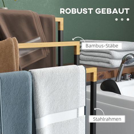 Porte-serviettes Lot de 3 barres, design industriel, bambou, 45 x 22,5 x 86 cm, noir et naturel (1/4)