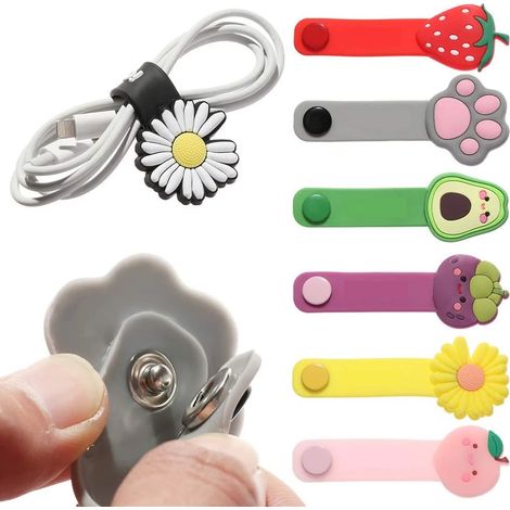 Lot de 12 attaches de câbles en silicone avec boutons métalliques, motif dessin animé mignon, réutilisables et détachables. (1/5)