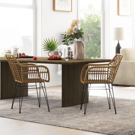 Lot de 2 chaises de salle à manger en polyrotin marron, 56 x 60 x 79 cm, avec accoudoirs (1/5)