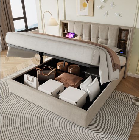 Letto imbottito contenitore 180x200 cm naturale in lino, con testiera a mensole, ricarica wireless, USB-C e rete a doghe