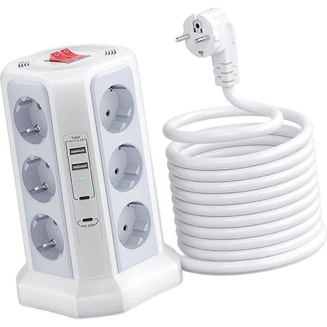 Multiprise tour 12 prises 10 A 250 V 2500 W, rallonge, protection contre les surtensions, charge rapide multicolore blanche (1/5)