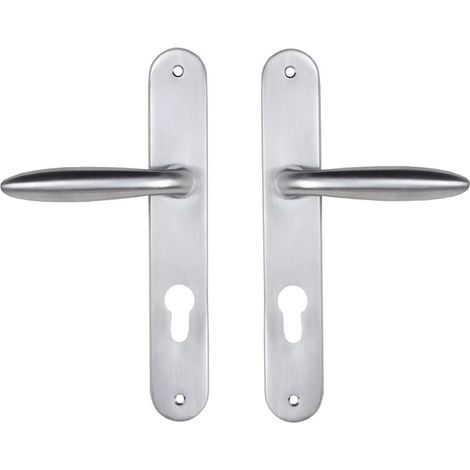 1 Paire - Poignée de porte - Plaque de propreté - Zamak chromé satiné - Pour cylindre européen - Entraxe 195mm - Argent - 22,5x3, (1/5)