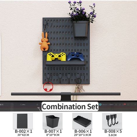 (Panneau perforé, lot de 1 noir) Étagère murale sans perçage pour salle de jeux, idéale pour ranger manettes, casques, figurines et claviers. Crochets inclus. (1/5)