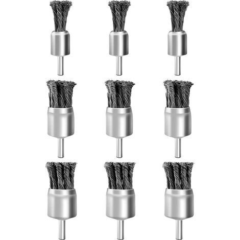 Lot de 9 brosses métalliques nouées de 2 cm, 2,5 cm, 3 cm pour perceuse, tige de 6,35 mm, brosse métallique torsadée en acier au carbone pour enlever la rouille, la corrosion, la peinture