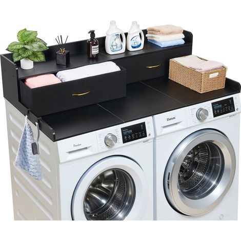 Comptoir pour Lave Linge et Sèche Linge avec Étagère, Plan de Travail pour Machine à Laver 137x69,9 cm, pour Rangement Aménagement Buanderie, Plateau en Bois avec Tiroirs et Crochets, Noir (1/5)
