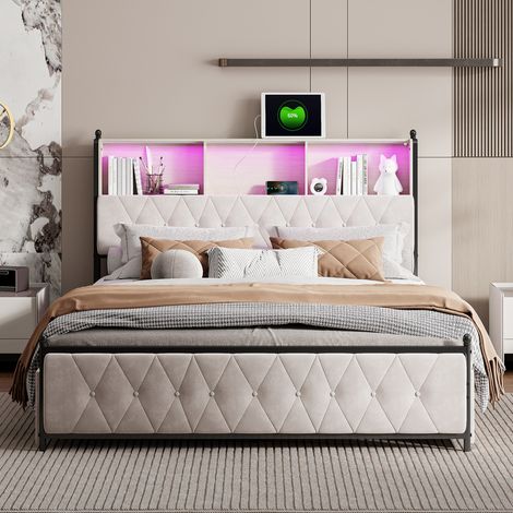 Lit Double pour Adultes, Lit coffre capitonné160x200, Lit rembourré 2 Personnes, tête de lit coffre en coton réglable, avec LED et USB, avec 4 tiroirs, velours, beige (1/5)