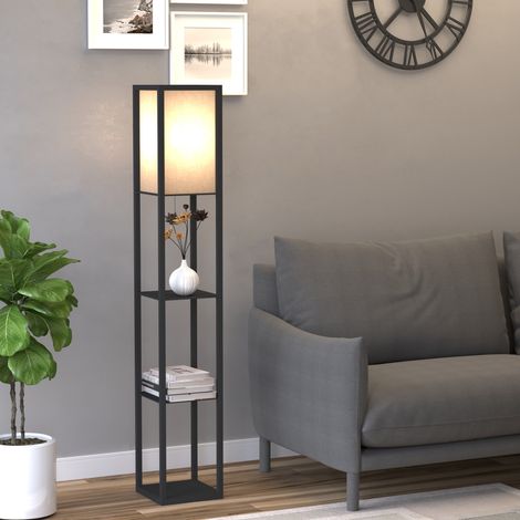 Stehlampe mit Ablage, 26 x 26 x 160 cm (L x B x H), 3 Ablagen, 4 Ebenen, MDF, Schwarz