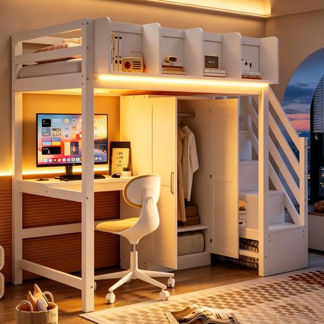 Lit mezzanine enfant 90x200 cm blanc avec bureau, LED, placard, escalier de rangement, prises de charge et sommier inclus (1/5)