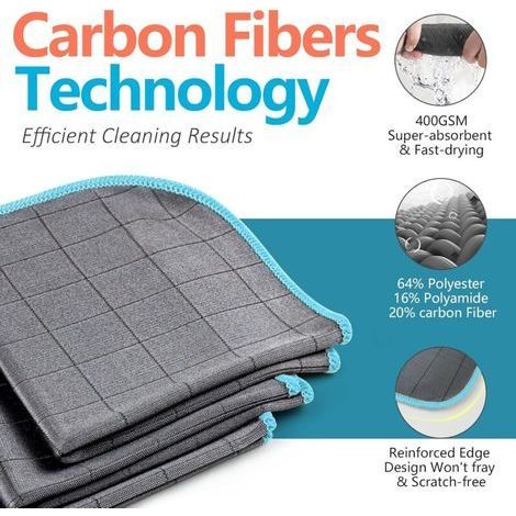 Chiffon Magique Microfibre Carbone 400GSM, Serviette Sans Trace Absorbant Polissage, Lingette Essuie Verre Vitre Lunette Vaisselle Cuisine Menage Voiture, Torchon Nettoyage Réutilisable Lavable (1/4)