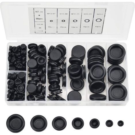 170 Pcs Bouchons en Caoutchouc, 7 Tailles Passe Fils Caoutchouc Bouchon de Trou Avec Boîtier D'organisateur Kit de Joint de Bague de Fil électrique pour Voiture Tuyau D'eau Pompe (1/5)