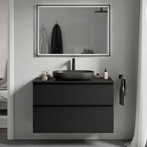 Badmöbel Unterschrank Bernstein LAVOA 100cm Badmöbel: Schwarz matt, Waschtischplatte: Schwarz matt, Metallgriff: Schwarz matt