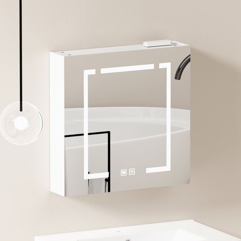 Meuble miroir LED mural 60x13,8x60 cm en MDF et verre blanc, rangement gain de place – MEUBLIV (1/5)