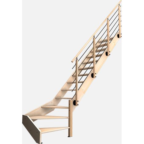 Kordo – Escalier quart tournant en hêtre 13 marches – Garde-corps en option hêtre et inox – Kit prêt-à-poser pour installation murale – Garantie 5 ans (1/3)