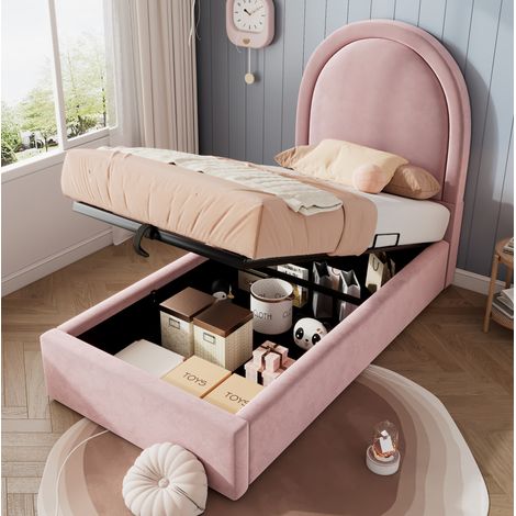 Bett Kinderbett Stauraum 90x200 Samt Rosa OKMYHOME (1/5)