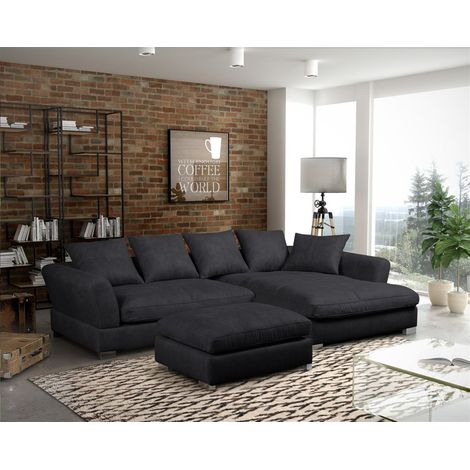 Ecksofa Sofa TIZIAN inkl. Hocker in Stoff Preston Schwarz Ottomane Rechts (1/2)