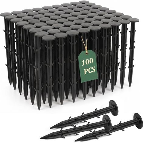15cm Sardines de Fixation Plastique, ancrage au Sol Noir, piquets de Jardin avec 6 ardillons et incassables, piquets d'ancrage au Sol de Tente pour Tissu de Blocage de l'herbe, 100pcs (1/5)