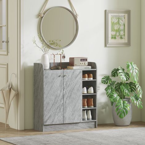 Étagère à chaussures en bois gris ciment, 83x30x90 cm, avec 4 niveaux ouverts et placard pour 12 paires, design contemporain (1/5)