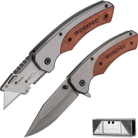 Workpro – Cutter utilitaire pliant avec manche en acajou – Mécanisme de changement rapide de lame – 10 lames SK5 pour coupe précise (1/5)