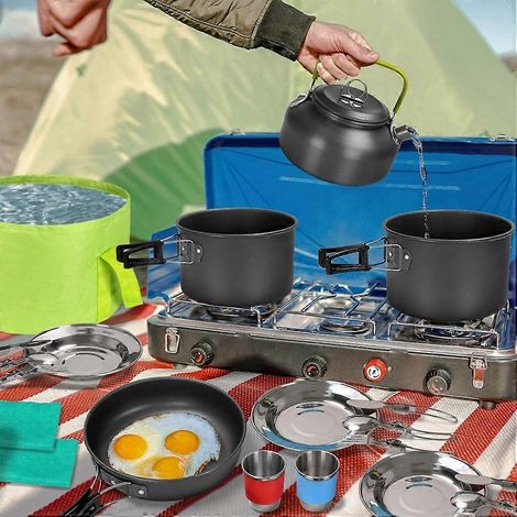 Ensemble de vaisselle de camping en acier inoxydable pour pique-nique et déjeuner, comprenant une cuillère, une fourchette, un couteau et une tasse pliables. (1/5)