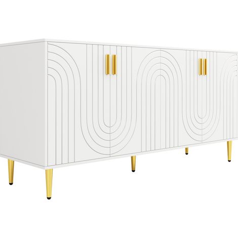 Aparador blanco de MDF 152 x 40 x 75 cm con diseño ondulado y detalles dorados HOMVRA (1/5)