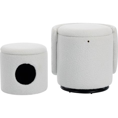 Tabouret coffre pivotant 360° en tissu bouclette blanc, siège rembourré avec rangement intégré, pour chambre ou salle à manger CHICFURN (1/5)