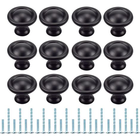 Lot de 12 boutons de tiroir ronds, poignées de cuisine pour meubles, armoires, commodes, portes, bureau, chambre, placards (noir) (1/5)