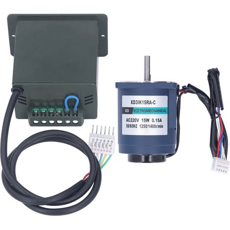 Moteur électrique miniature 15W avec réducteur et variateur de vitesse, 220V AC, arbre optique, rotation bidirectionnelle, 1400 tr/min, code CA2003+CQ1001, livré en carton (1/5)