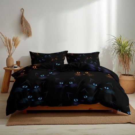 Parure De Lit - Housse De Couette 200x200 Cm Réversible Avec Fermeture Éclair - Motif Chats Couleurs Néon - 1 Housse + 2 Taies 65x65 Cm (1/5)