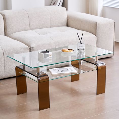 DESMIU Table basse rectangulaire avec 2 plateaux en verre trempé, style moderne, en verre et métal, transparent, 100 × 55 × 45 cm (1/4)