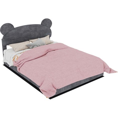 Lit enfant rembourré à oreilles rondes, rangement relevable, velours gris doux, matelas 140 x 200 x 23 cm inclus, charge 400 kg, chambre compacte  CHICFURN (1/5)