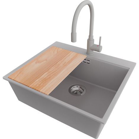 PRIMAGRAN Evier Cuisine en Granit 58x50cm,Lavabo 1 bac + Robinet 38x14cm + Kit de Vidage + Planche à Découper, Évier à Encastrer au meuble 60cm - Oslo, Gris (1/5)