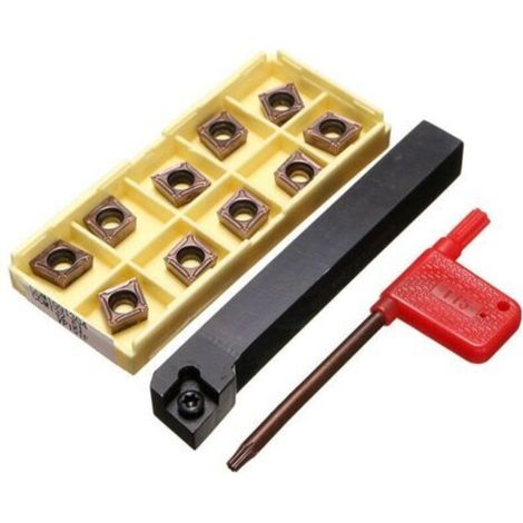 Accessoire pour tour à métaux,Porte-outil de tournage 12x100mm avec 10 plaquettes carbure CCMT09T304-PM et une barre (1/4)