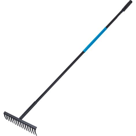 Rastrillo metálico con mango Greenmill GR914, 14 dientes, herramienta de jardinería ideal para nivelar tierra, limpiar hojas, resistente y ergonómico
