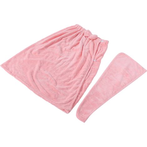 Serviette de bain en polaire corail rose, enveloppante réglable pour femme, avec bonnet, idéale spa, salle de beauté, maison, douche, sortie de bain, 1 pièce (1/5)