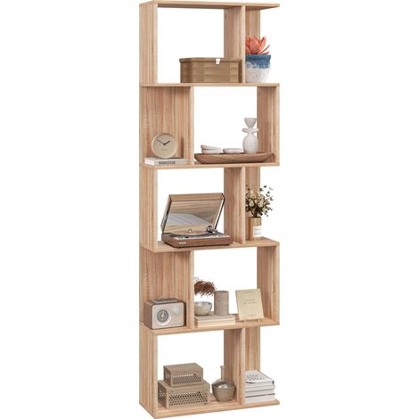 Bibliothèque en bois à 5 étagères, en forme de S, gain de place, avec séparateurs, 60 x 24 x 184,5 cm, couleur bois