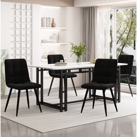 140x80cm Schwarz Esstisch mit 4 Stühlen Set,Moderne Küche Esstisch Set, Schwarz Samt Esszimmerstühle, Schwarz Eisen Beintisch (1/5)