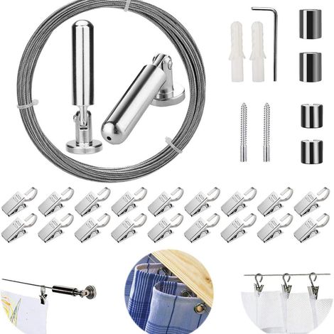 5 Meter lange silberne Stahlseil-Gardinenzugschnur mit 24 Stahlclips, kein Bohren erforderlich, Fensterstange, Wandteppich, Sonnenschutzvorhang, Wanddekoration. (1/5)