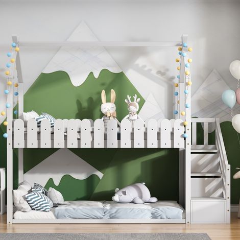 Kinderbett, Hochbett, mit Verkleidung und Zaun, Handlauftreppe, Schubladen, weiß, ,KINSI (1/5)