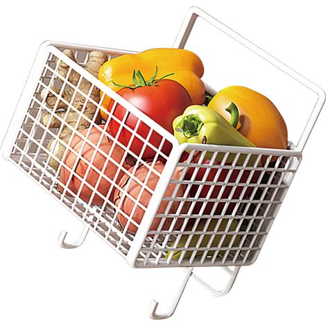 Corbeille de rangement murale de cuisine en métal grand volume gain de place 1 pièce avec crochet pour légumes et épices blanc (1/4)