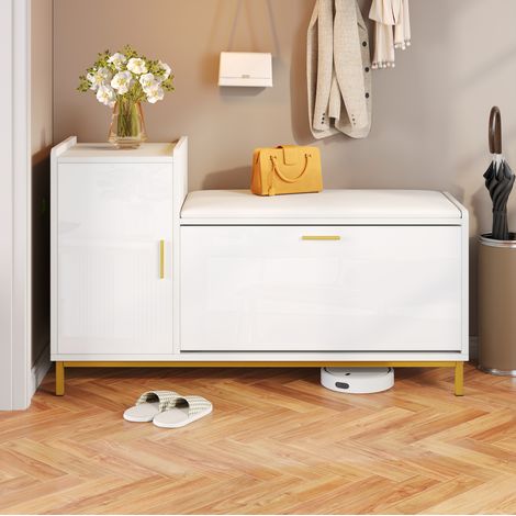 Scarpiera 100x38x68 cm con panca imbottita, 2 ripiani, 1 armadio, frontale lucido, truciolare, bianco oro (1/5)
